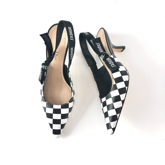 Dior J’adior Black White Checkered Slingback Heeled Pointed Toe Pumps 37.5 - Picture 1 of 7